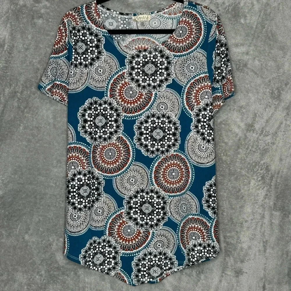 Lavish 2X Shirt Top Teal Blue Paisley Short Sleeve Scoop Neck‎ Stretch Glitter